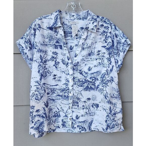 J Joie 100% Linen Short Sleeves Boxy Tropical Hawaiian Shirt Blue White Size M - Picture 1 of 8